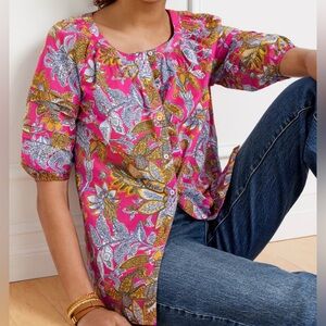 Talbots Pleated Sleeve Top Blouse Shirt Pink Floral Sz XL Button Down Cotton